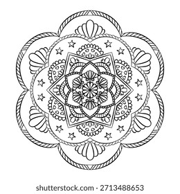 Ilustración de mandala diseñada para la relajación, la atención plena y la meditación creativa. Este mandala detallado es ideal para libros de colorear para adultos, actividades de alivio del estrés y proyectos de arte terapéutico.