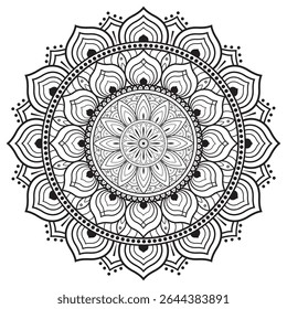 Ilustração de Mandala com intrincados padrões geométricos e design simétrico, perfeito para meditação, livros de colorir, arte espiritual e projetos decorativos. Alta resolução e detalhada.