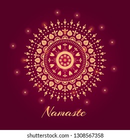 Mandala illustration with Namaste indian word. Circle ethnic ornament on red background with glowing lights. Folk, relax, harmony, balance theme