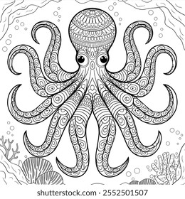 Ilustración de un pulpo con ocho tentáculos. El cuerpo del pulpo está lleno de un patrón de mandala