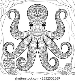 A mandala illustration of an octopus with eight tentacles.