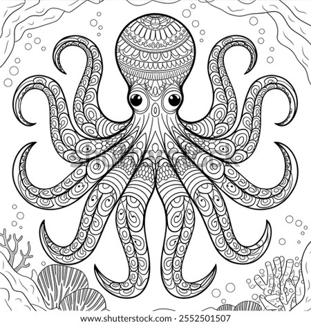 A mandala illustration of an octopus with eight tentacles. The body of the octopus is filled with a mandala pattern