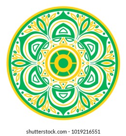 Mandala with the image of the fourth chakra in green and yellow. Isolated round vector image on white background.