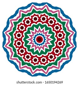 Mandala. Medallón antiestrés indio. Flor islamica abstracta, diseño de henna árabe, símbolo de yoga. Fondo blanco. Mandala color. Ilustración de material vectorial