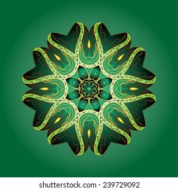 Mandala- Indian arnament. Stylish card for design and decor.Green  background.