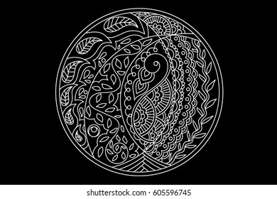 Mandala indian hand drawn vector mandala, white on black background. Contour white mandala on black background. 