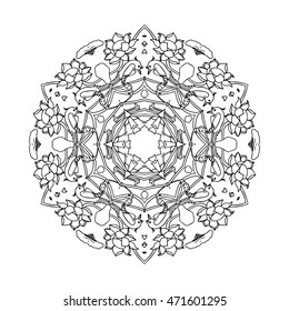 Mandala. Indian Magic Symbol Mandala. Colouring book. Floral Design Pattern with bird and flowers.