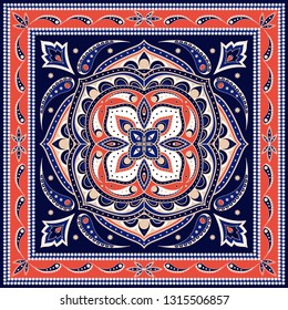 Mandala indian paisley pattern vector. Flower medallion print for silk scarf. Red blue vintage floral batik texture. Ethnic ornament design for bandana fabric, gypsy rug, boho pillow, persian carpet.