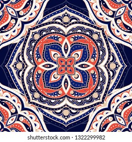 Mandala indian paisley pattern vector seamless. Flower medallion motif print. Boho ethnic ornament for batik. Damask design for wallpaper, woman scarf, curtain textile, gypsy carpet, blanket.