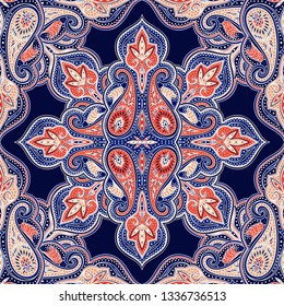 Mandala indian paisley pattern vector seamless. Floral medallion motif print. Persian vintage flower ethnic ornament texture. Background for scarf design, wallpaper, curtain, carpet, blanket.