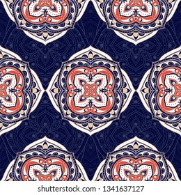 Mandala indian paisley pattern vector seamless. Flower medallion motif print. Boho ethnic ornament for batik. Oriental design for wallpaper, woman scarf, curtain textile, gypsy carpet, blanket.