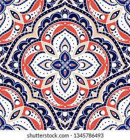 Mandala indian paisley pattern vector seamless. Flower medallion motif print. Boho ethnic ornament for batik. Arabic design for wallpaper, woman scarf, curtain textile, gypsy carpet, blanket.