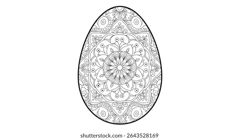 Mandala Inside Easter Egg Outline Featuring Floral Swirl Geometric Elements Simple Detailed Line Drawing