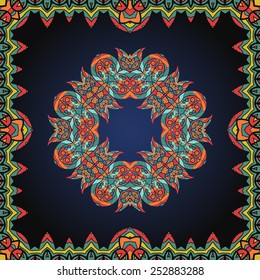 Mandala inside frame border. Ornate frame with  medallion paisley pattern. Vector illustration.