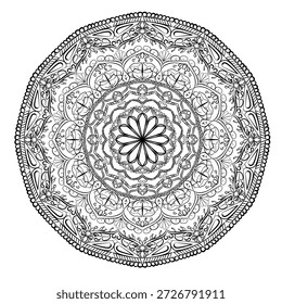Mandala Diseño circular intrincado inspirado en la naturaleza, el arte decorativo tradicional y los conceptos de atención plena. Ideal para páginas para colorear para adultos, temas de meditación y yoga, arte en la pared, tatuajes, impresiones decorativas, papelería y fondo de relajación.