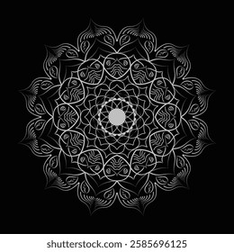 Mandala with intricate geometric and floral patterns in black and white.