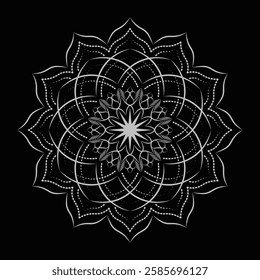 Mandala with intricate geometric and floral patterns in black and white.