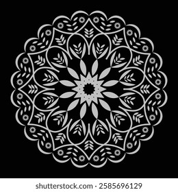 Mandala with intricate geometric and floral patterns in black and white.