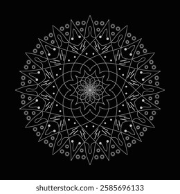 Mandala with intricate geometric and floral patterns in black and white.