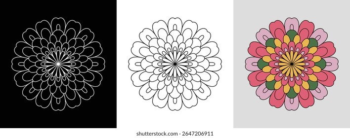 Mandala with intricate zinnia petals and dynamic color fills for vibrant floral decor.