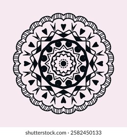 The mandala is intricately designed with black and white patterns on a light pink background. It begins with a small circular pattern at the center, featuring a dot in the middle.