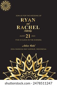 Mandala invitation card. Gold decorative element. Picture for coloring. Abstract circular ornament with stylized leaves