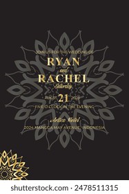Mandala invitation card. Gold decorative element. Picture for coloring. Abstract circular ornament with stylized leaves