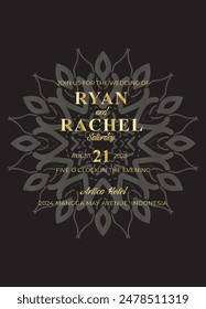 Mandala invitation card. Gold decorative element. Picture for coloring. Abstract circular ornament with stylized leaves