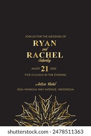 Mandala invitation card. Gold decorative element. Picture for coloring. Abstract circular ornament with stylized leaves