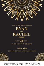 Mandala invitation card. Gold decorative element. Picture for coloring. Abstract circular ornament with stylized leaves