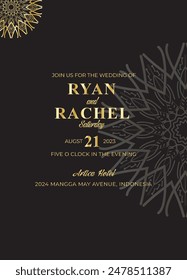 Mandala invitation card. Gold decorative element. Picture for coloring. Abstract circular ornament with stylized leaves