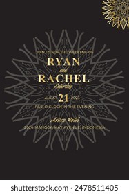 Mandala invitation card. Gold decorative element. Picture for coloring. Abstract circular ornament with stylized leaves