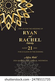 Mandala invitation card. Gold decorative element. Picture for coloring. Abstract circular ornament with stylized leaves
