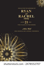 Mandala invitation card. Gold decorative element. Picture for coloring. Abstract circular ornament with stylized leaves