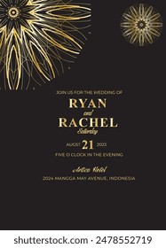 Mandala invitation card. Gold decorative element. Picture for coloring. Abstract circular ornament with stylized leaves