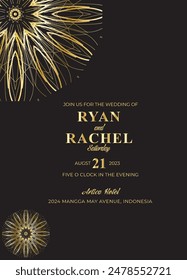 Mandala invitation card. Gold decorative element. Picture for coloring. Abstract circular ornament with stylized leaves