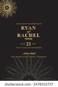 Mandala invitation card. Gold decorative element. Picture for coloring. Abstract circular ornament with stylized leaves