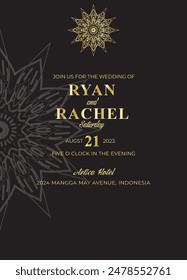 Mandala invitation card. Gold decorative element. Picture for coloring. Abstract circular ornament with stylized leaves
