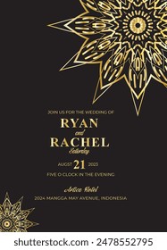 Mandala invitation card. Gold decorative element. Picture for coloring. Abstract circular ornament with stylized leaves