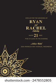 Mandala invitation card. Gold decorative element. Picture for coloring. Abstract circular ornament with stylized leaves