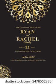 Mandala invitation card. Gold decorative element. Picture for coloring. Abstract circular ornament with stylized leaves