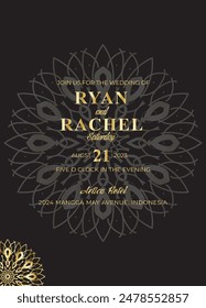 Mandala invitation card. Gold decorative element. Picture for coloring. Abstract circular ornament with stylized leaves