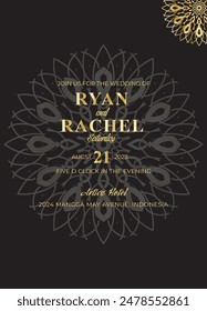 Mandala invitation card. Gold decorative element. Picture for coloring. Abstract circular ornament with stylized leaves
