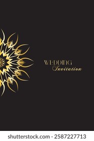 Mandala invitation card. Gold decorative element. Picture for coloring. Abstract circular ornament with stylized leaves