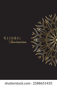 Mandala invitation card. Gold decorative element. Picture for coloring. Abstract circular ornament with stylized leaves