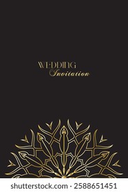 Mandala invitation card. Gold decorative element. Picture for coloring. Abstract circular ornament with stylized leaves