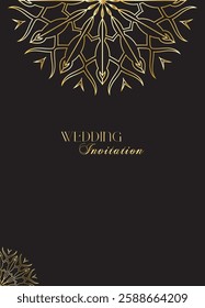 Mandala invitation card. Gold decorative element. Picture for coloring. Abstract circular ornament with stylized leaves