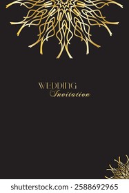 Mandala invitation card. Gold decorative element. Picture for coloring. Abstract circular ornament with stylized leaves