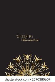 Mandala invitation card. Gold decorative element. Picture for coloring. Abstract circular ornament with stylized leaves