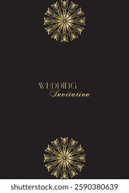 Mandala invitation card. Gold decorative element. Picture for coloring. Abstract circular ornament with stylized leaves